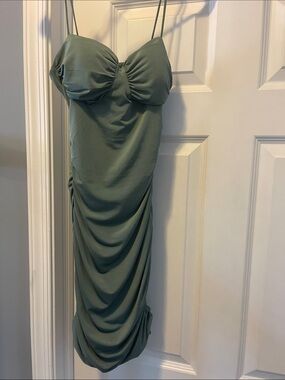 Windsor Olive Green Ruched Spaghetti-Strap Midi Dress